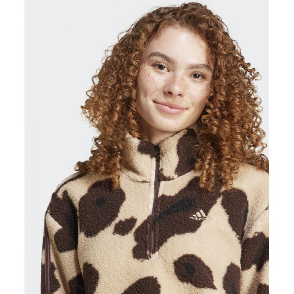 Adidas Animal Print Fleece Cropped Half Zip Top Beige Brown Ix3719