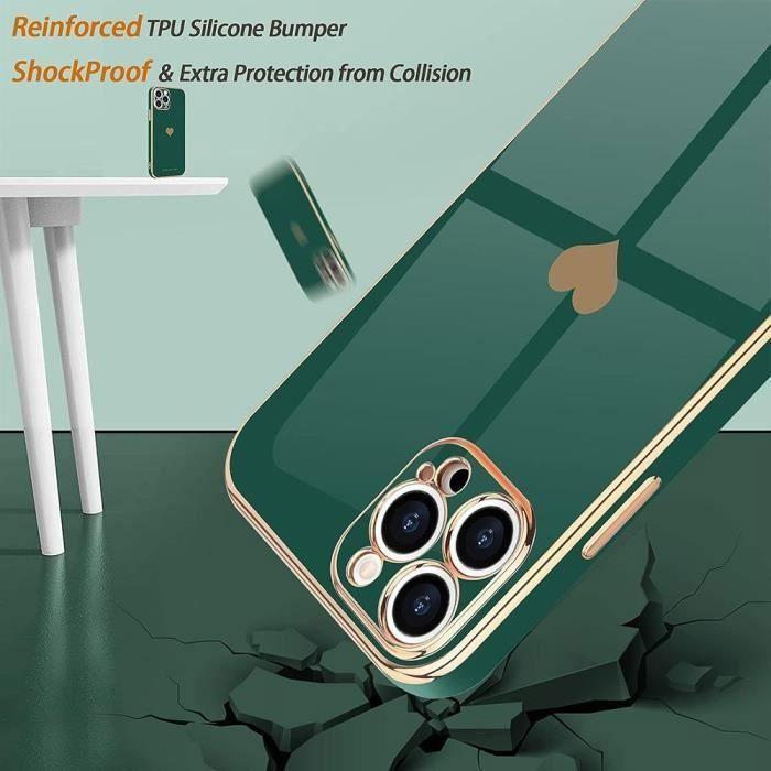 Coque de protection - BOOLING - pour iPhone 16 - Antichoc en Silicone Liquide - Vert Nuit - Cœur Doré