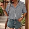 Летняя женская рубашка в полоску, однобортная рубашка с лацканами, топ