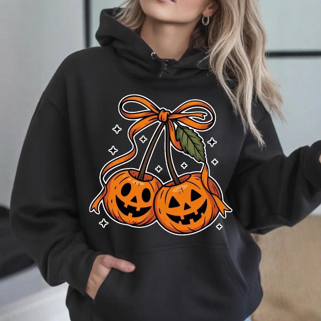 2025 Halloween Pumpkin Cherry Bowknot Hooded Sweatshirt, Casual Loose Fit for Europe and America