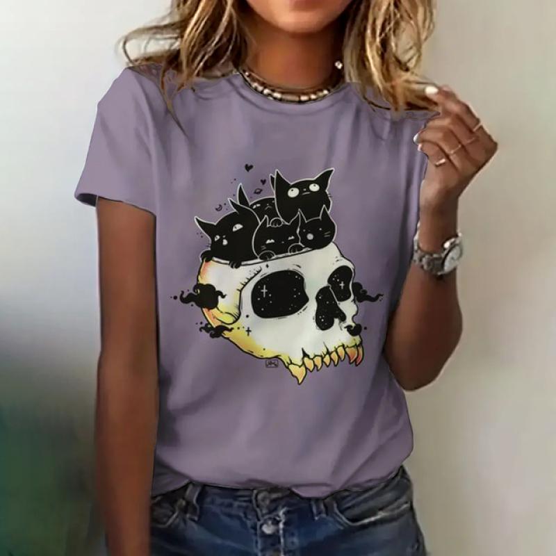 Women's T-shirt Cat Print Short Sleeve Summer Casual Wear Loose Top Fashion Round Neck Short Sleeve Women's Elegant T-shirt