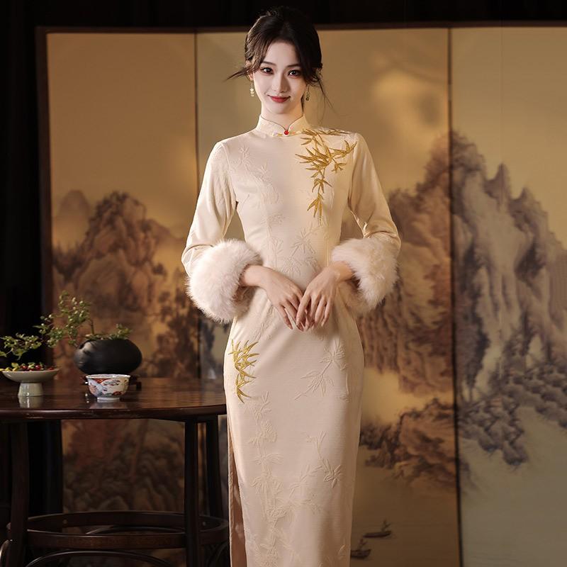 Womens Long Sleeve Winter Cheongsam Dress Red Beige Chenille Jacquard Warm Lined Vintage Style Full Length