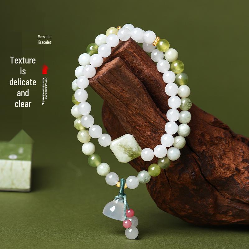 Natural White Jade Green Grape Lotus Pod Double Circle Bracelet - Elegant Chinese Niche Beaded Jewelry