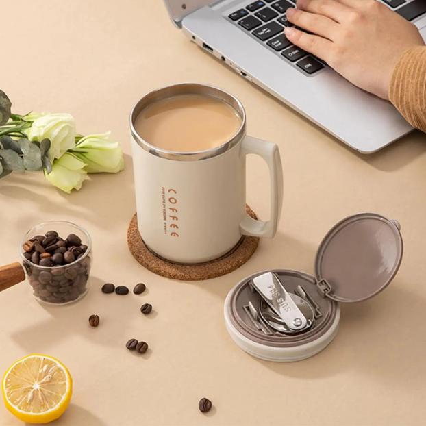 WORTHBUY 480ml 304 Stainless Steel Coffee Mug With Lid&Spoon&Straw,Insulated Coffee Cup For Student Adult Office Drinking Cup