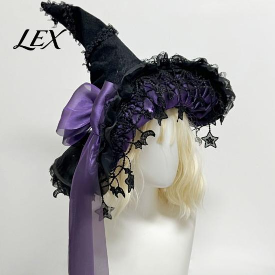 Black Lace Witch Hat Gothic for Women, Dark Lolita Style Halloween Costume Accessory, Lightweight with & Bow, Adjustable Headwear Cosplay Parties