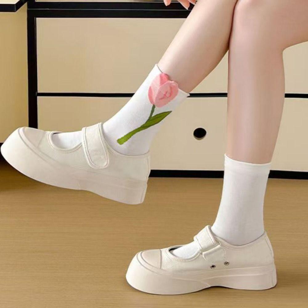 5Pairs Breathable Mid Tube Socks Thin Socks for Women Cute Tulip Flower Socks  Lady