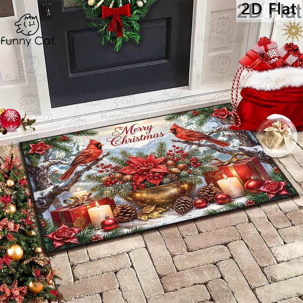 1pc, Christmas Holiday Doormat, Merry Christmas Red Cardinal Birds Winter Scene, Poinsettia Pine Cone Red Berry Gift Box Candle Festive Ornaments Patt