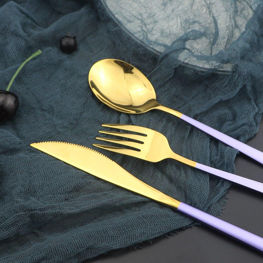 Набор столовых приборов из нержавеющей стали 304, фиолетовое золото, вилка, нож, ложка, десертная посуда, кухонная посуда для еды, серебряный набор