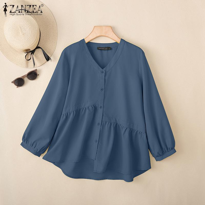 ZANZEA Женская повседневная однотонная свободная блузка с V-образным вырезом и длинным рукавом