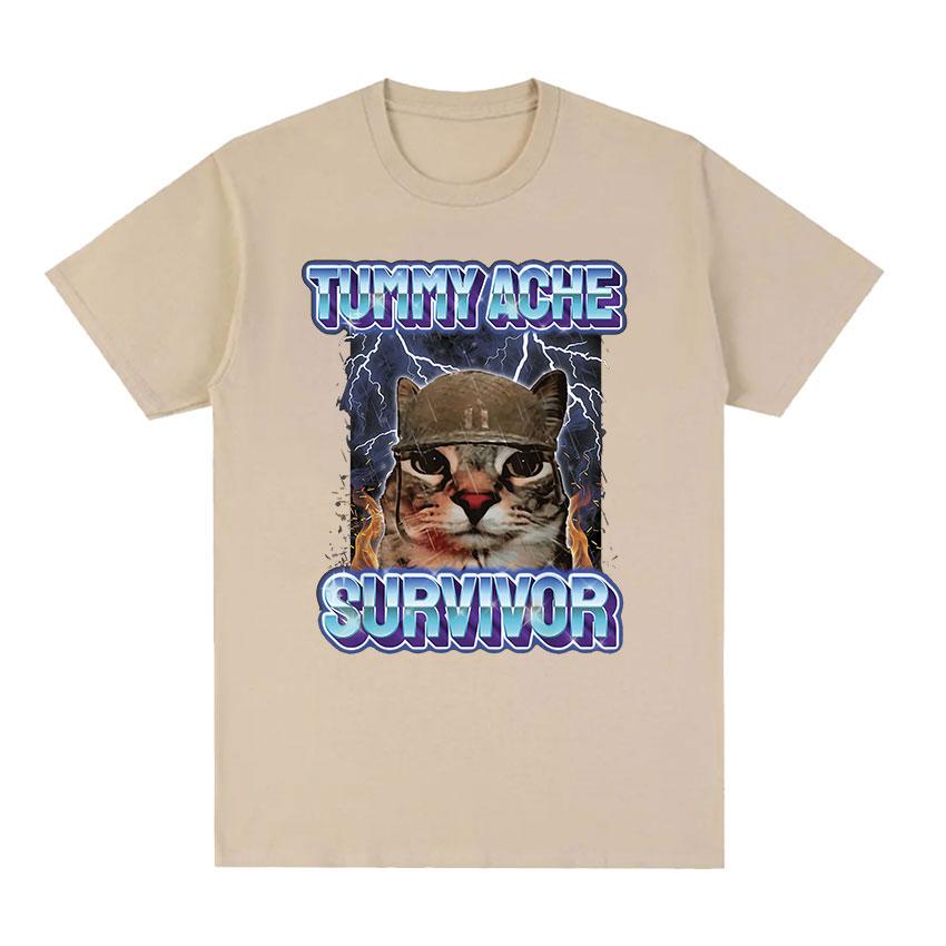 Винтажная футболка «Я пережил боль в животе», забавный мем с котом, мужская и женская одежда, модная футболка с коротким рукавом, повседневные футболки из чистого хлопка