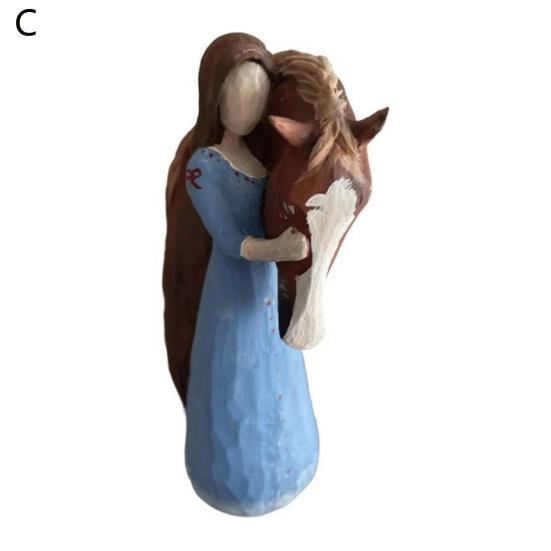 Girl Holding Horse Resin Statue Angle Pony Figurine Sculpture Home Office Living Room Desktop Decoration Ornament