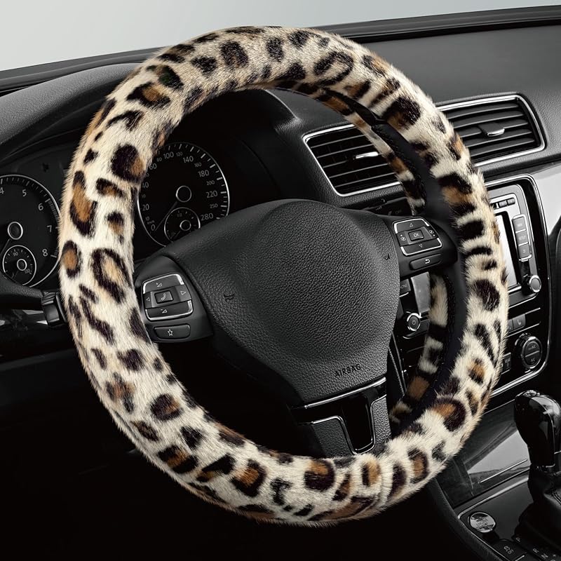 Road Comforts Leopard Plush Steering Wheel Cover For Winter, Made With Flurry Microfiber, Universal Fit 14 1/2 To 15 Inches Steering Wheel Cover,