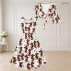 Women Plus Size Halloween Cartoon Print White V Neck 3 4 Sleeve Twist Knot Two Piece Set