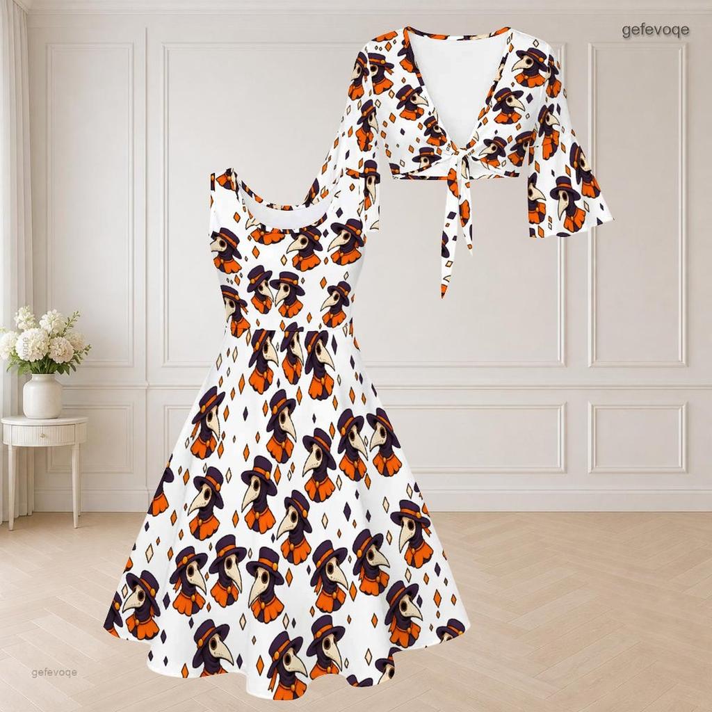 Women Plus Size Halloween Cartoon Print White V Neck 3 4 Sleeve Twist Knot Two Piece Set