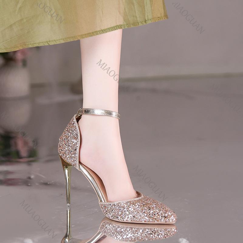 Fashion Women's High Heels Spring Autumn Fashion Pointy Head Hollow 10cm Thin Heeled Ladies Shoes Sexy Bling Ankle Buckle Single Shoes