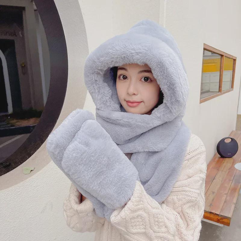 Женский зимний комплект из шапки и шарфа: Теплый, толстый плюш, устойчивый к холоду, с перчатками для велоспорта.
