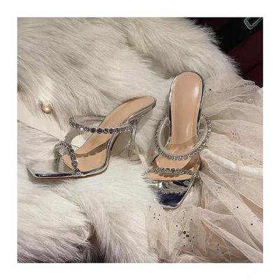 2025 лето новые женские босоножки со стразами на высоком каблуке-шпильке прозрачные квадратные серебряные босоножки черного цвета