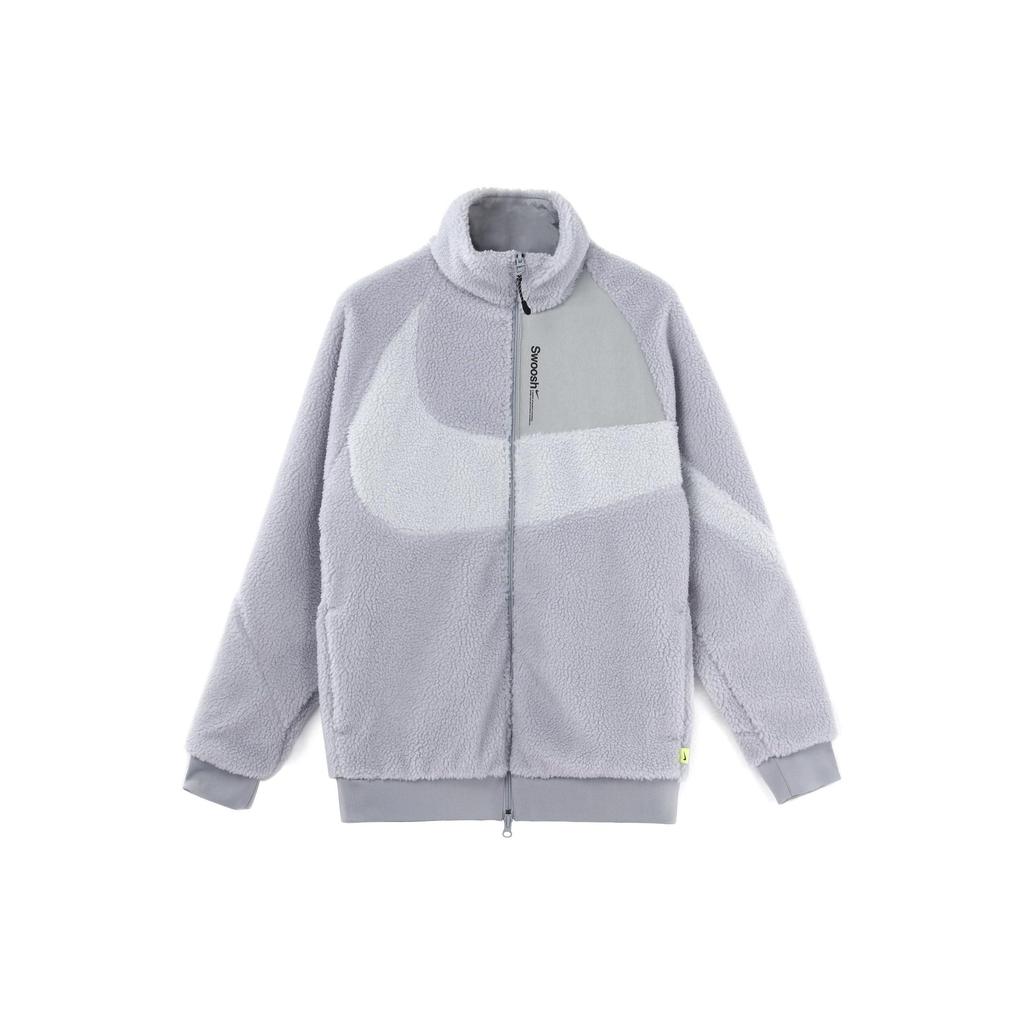 Nike Logo Print Stand Collar Reversible Sherpa Jacket Men Jackets Wolf-Grey FB1910-012