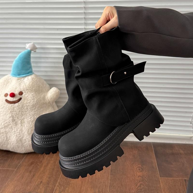 Зимние винтажные женские ботинки-рыцари на толстой подошве, обувь с пряжкой на ремне, увеличивающие рост, слипоны, длинные ботильоны