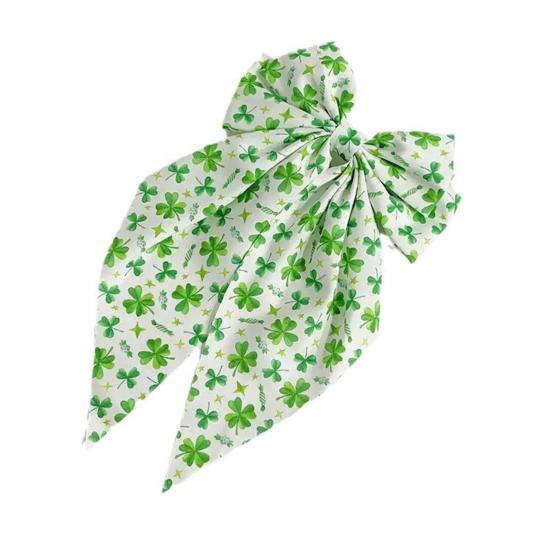 Заколка для волос из зеленой ленты с бантом и узором в виде четырехлистного клевера, пружинная заколка для затылка, заколка для волос в милом стиле