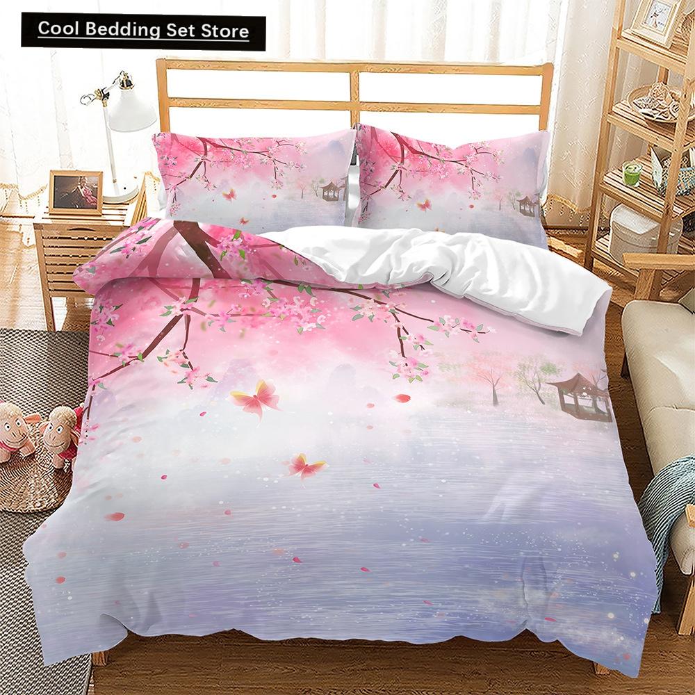 Pink Floral Duvet Cover Japanese Cherry Blossoms Theme Bedding Set Spring Romantic Quilt Cover For Girl Microfiber Bedspread