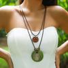 Vintage Round Wooden Pendant Long Layered Necklace Creative Handmade Retro PU Leather Rope Sweater Chain Necklace Couple Jewelry