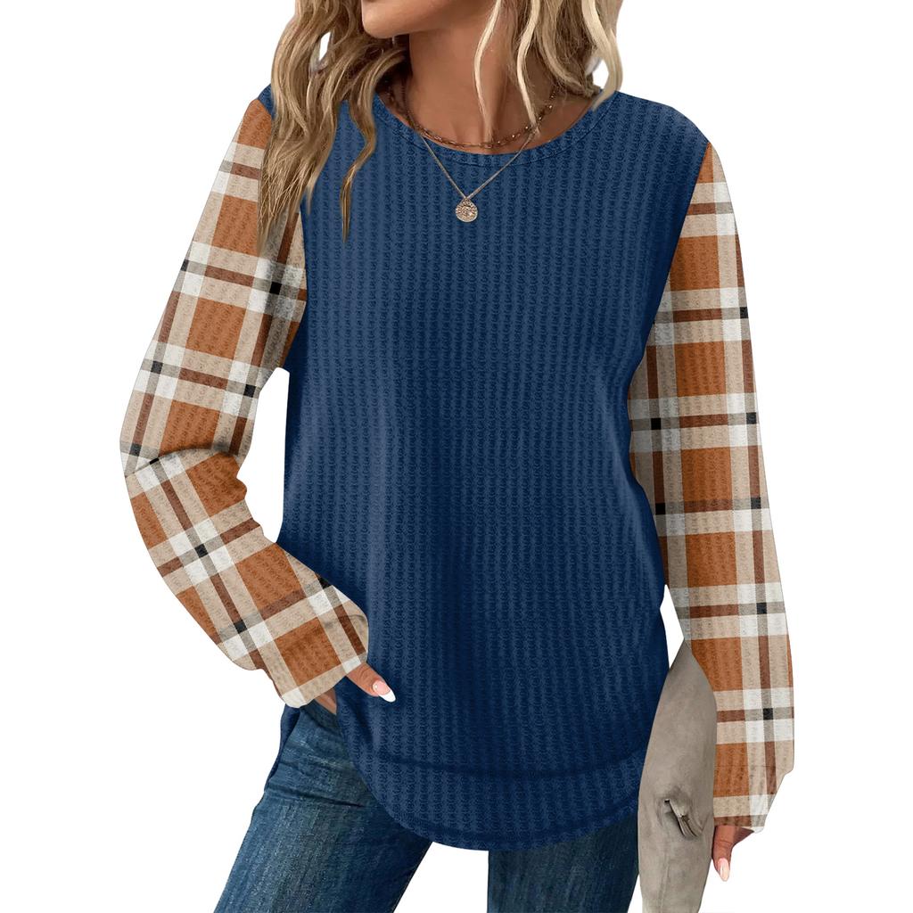 Женский повседневный топ свободного кроя с круглым вырезом и длинными рукавами в клетку