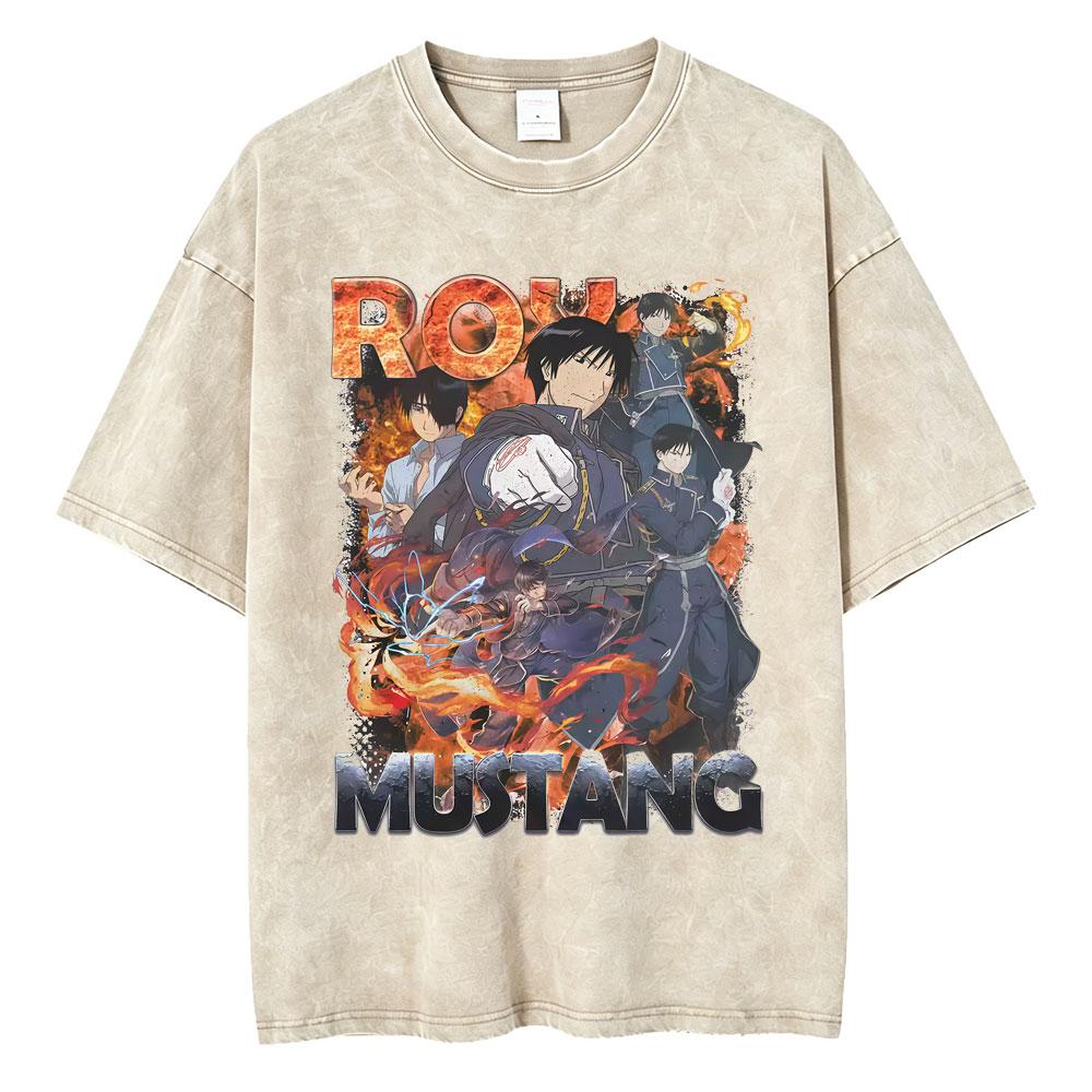 Anime Fullmetal Alchemist Washed Vintage Tshirts Manga Roy Mustang Graphic Tshirt Men Women Casual Cartoon Oversized T Shirts