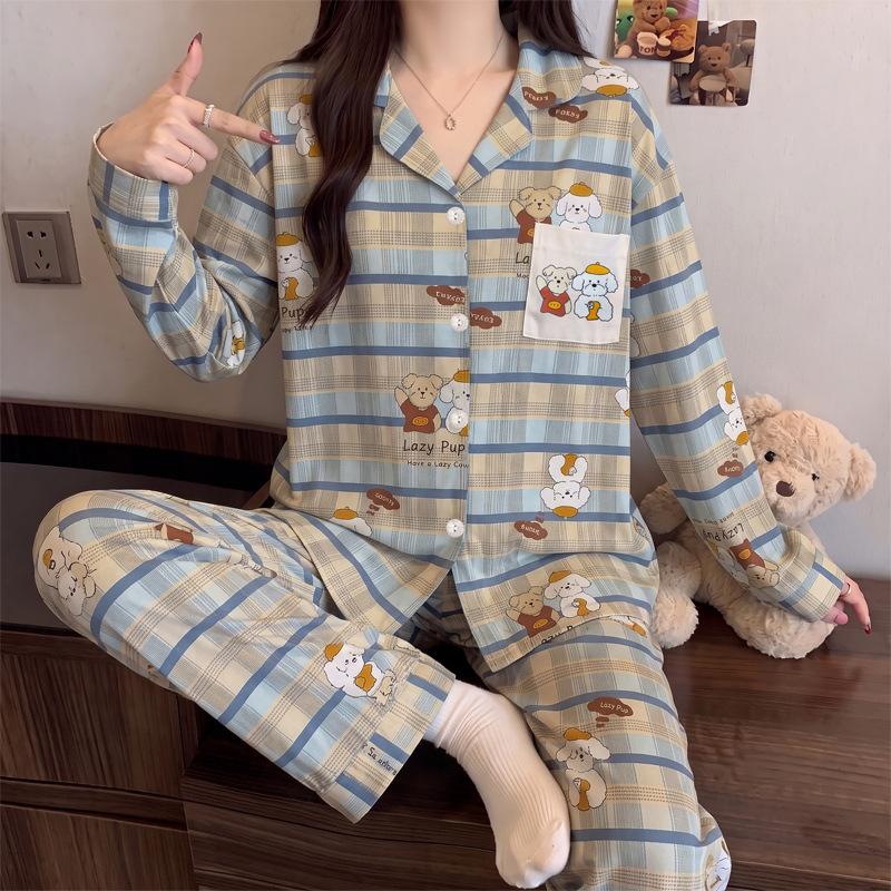 Japanese sweet two-dimensional girl style ins imitation cotton pajamas casual loungewear long sleeves trousers two-piece set