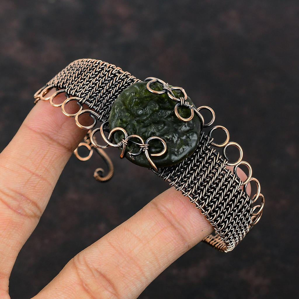 Moldavite Bangle Copper Wire Wrapped Adjustable Cuff Bracelet Handmade Bangle Copper Wire Wrap Jewelry Gemstone Cuff Bracelet Gift For Mom