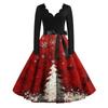 Women's Christmas Printed V-neck Large Hem Dress Long Sleeve Dress