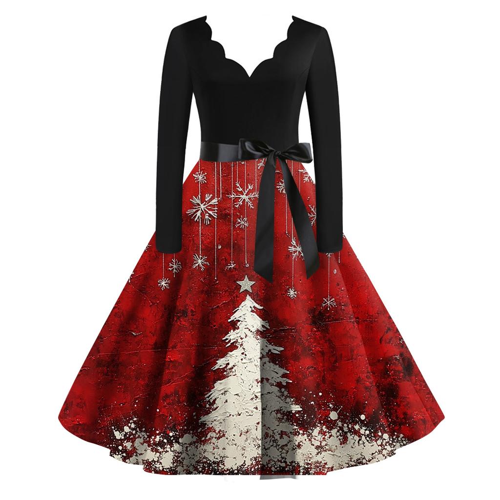 Women's Christmas Printed V-neck Large Hem Dress Long Sleeve Dress