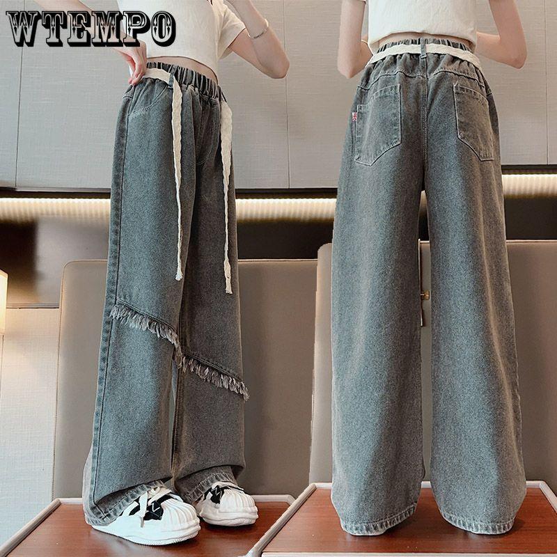 Девочки Джинсы широкие весна и осень Девочки Свободные Интернет Красные Ретро Синие Прямая труба Детские брюки