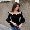 Slash Neck Ruffles Folds Balck Women Blouse Off Shoulder Shirt Elastic Waist Long Sleeve Top Sweet Sexy Butterfly Sleeve Summer
