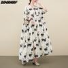 DIMANAF 2023 Women Dress Summer Sundress Linen Beach Holiday Print Pattern Fashion Lady Vestidos Loose Casual Maxi Dress Oversize
