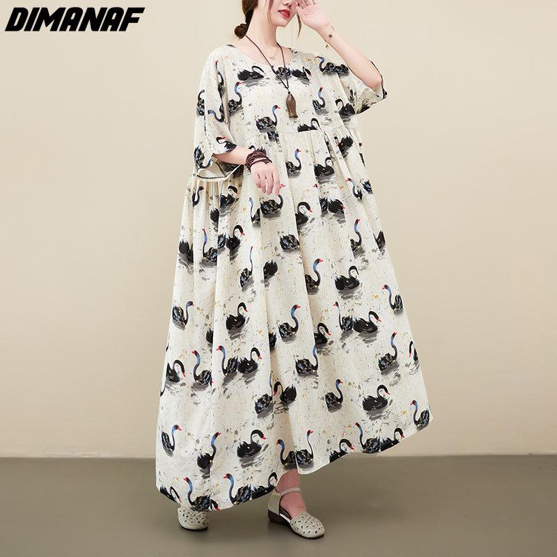 DIMANAF 2023 Women Dress Summer Sundress Linen Beach Holiday Print Pattern Fashion Lady Vestidos Loose Casual Maxi Dress Oversize