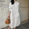 Women Casual Turn Down Collar 3/4 Sleeve Loose Shirt Dress