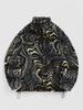 Men's Swirl Print Faux Shearling Teddy Toggle Drawstring Patched Design Stand Collar Jacket