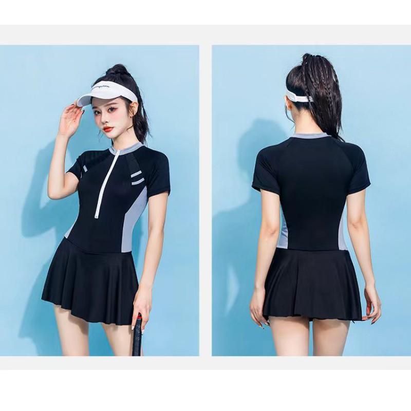 Womens Modest One-Piece Swimsuit With Short Sleeves Half-Zip Front Ruched Waist Flared Hem In Colorblock Design