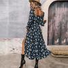 Women Autumn Winter Long Sleeve Flower Print Square Neck Casual A-Line Ankle-Length High Waist Dress