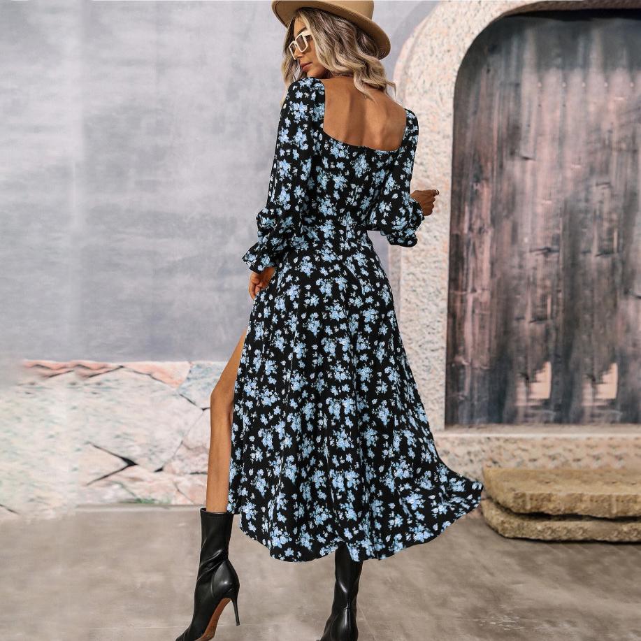 Women Autumn Winter Long Sleeve Flower Print Square Neck Casual A-Line Ankle-Length High Waist Dress