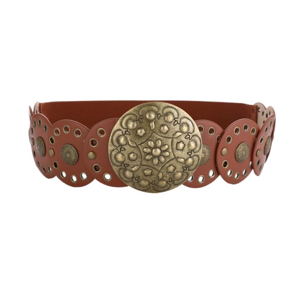 Zinc Zinc Alloy Ethnic Style Rivet Belt Y2K Disc PU Hollow Waistband Vintage Concho Wide Belt  Waist Seal