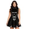 S-3XL Women Wet Looking PU Dress Open Front with Pressing Buttons Overlay Sleeveless Pleated Hem Glossy Vinyl Dress for Nightclub Rave