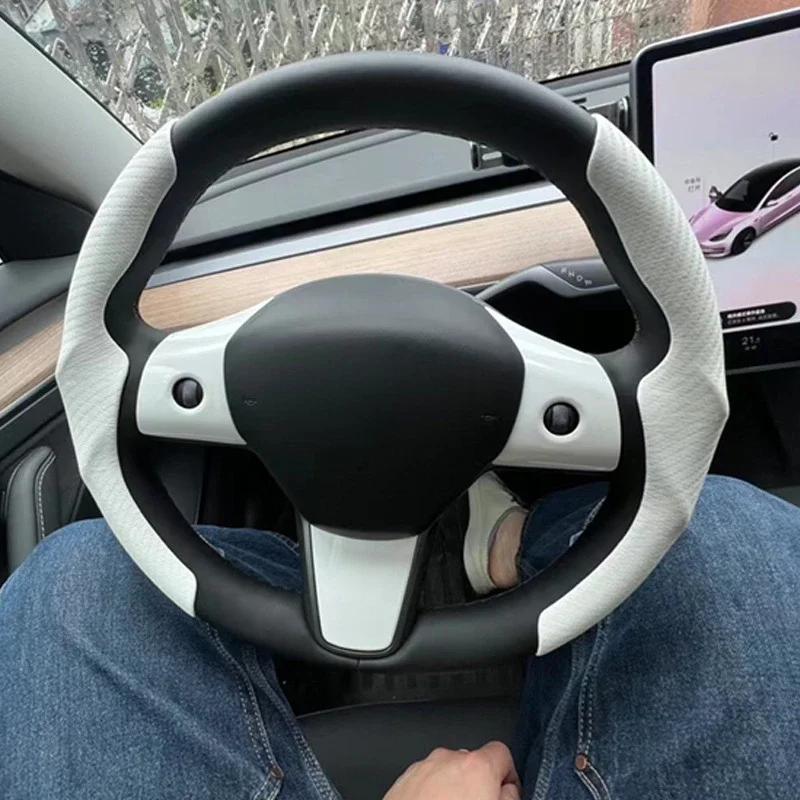 Suitable for Tesla Model3/Y Steering Wheel Cover Carbon Fiber Suede 38cm Steering Wheel Cover Cute Interior Accessories for Cars