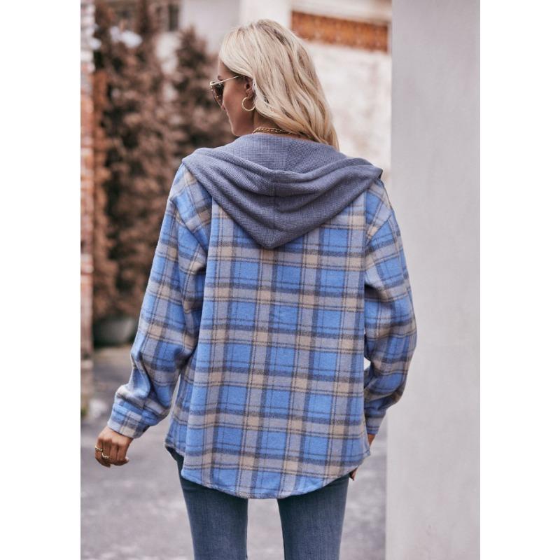Женская мода повседневная весна-осень клетчатый принт с длинным рукавом и капюшоном блузки и рубашки