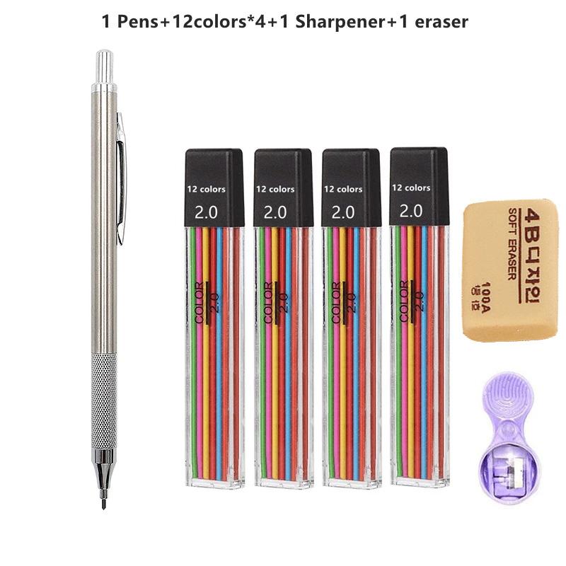 2.0mm 2B Mechanical Pencils Automatic Drawing Pencils with Color/Black Lead Refills Ideal for Student Sketch&School Stationery