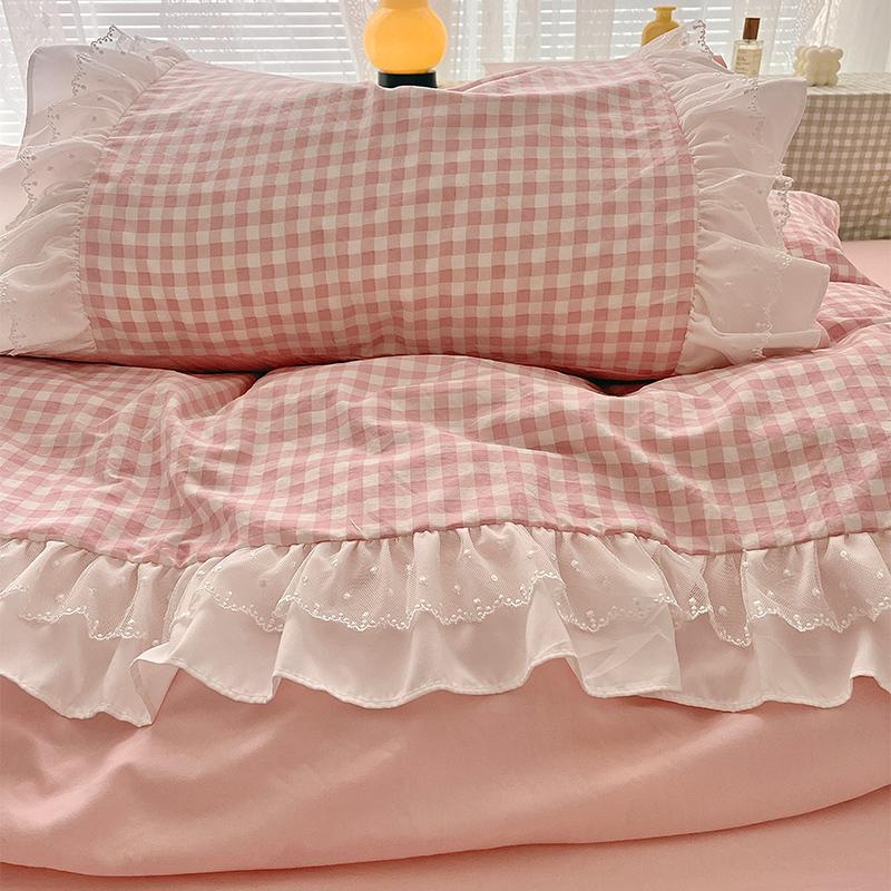 3 Piece Sheet Set Pink Plaid Duvet Cover Set, Comfortable Bedding Set Bedspread for All Season