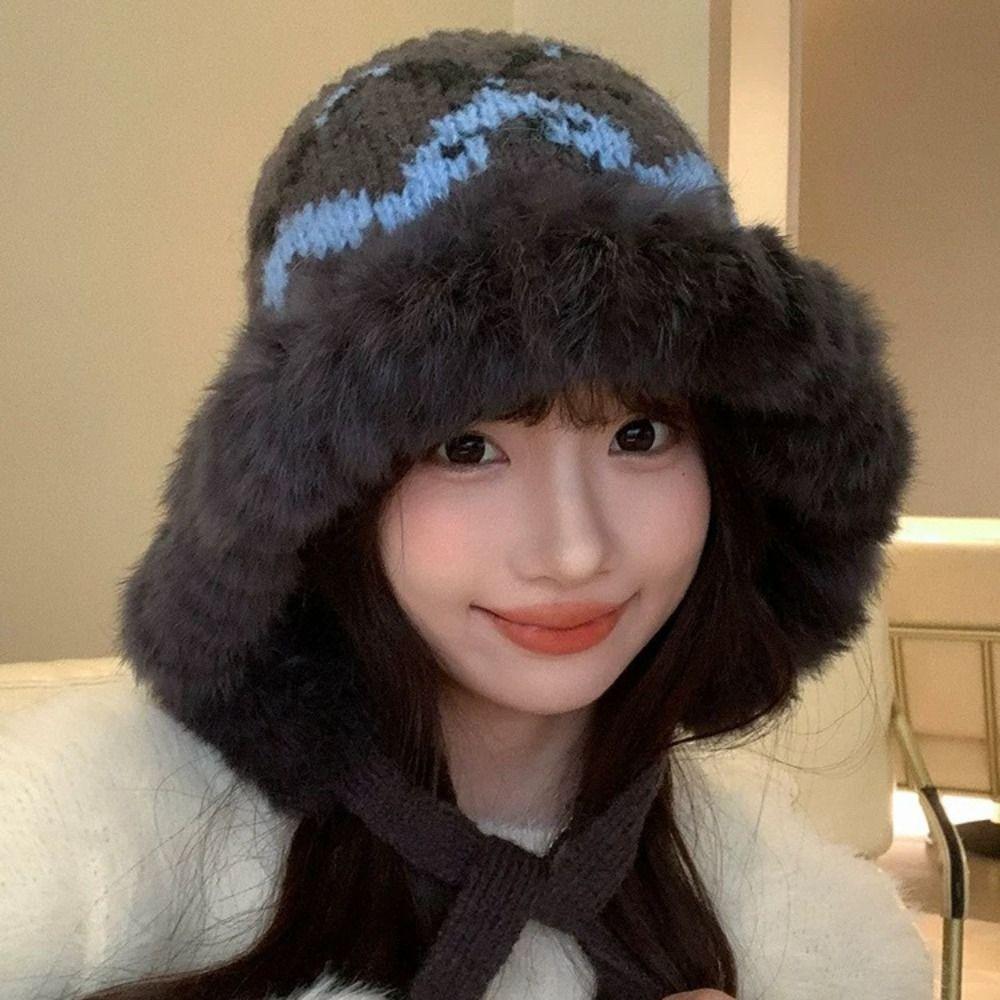 Windproof Faux Fur Lei Feng Hat Ethnic Style Pullover Beanie Hat Knitted Plush Hat  Autumn Winter