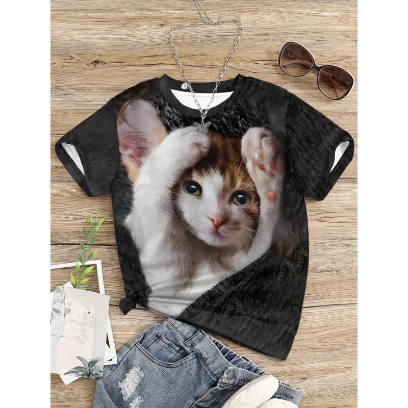 Детская футболка Girl Summer Fun Cat Pattern 3D Printed Top с короткими рукавами