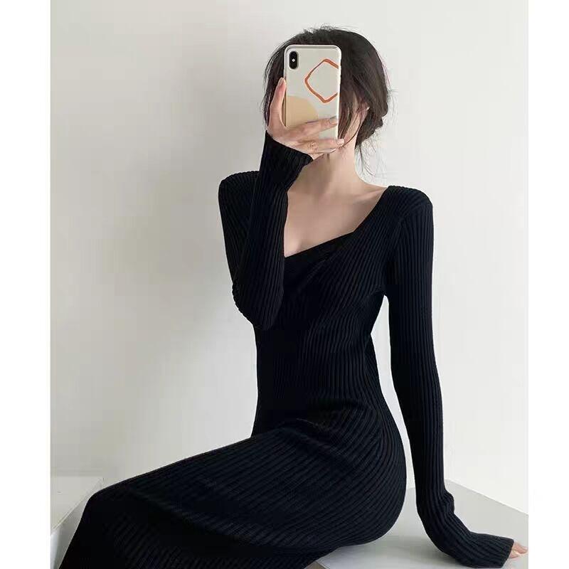 Retro autumn and winter oblique V-neck black long-sleeved knitted long skirt sexy hip skirt thickened slim dress